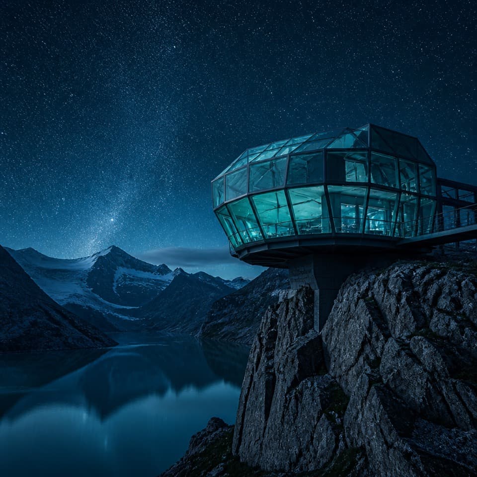 Cyan glass observatory above an alpine lake at night