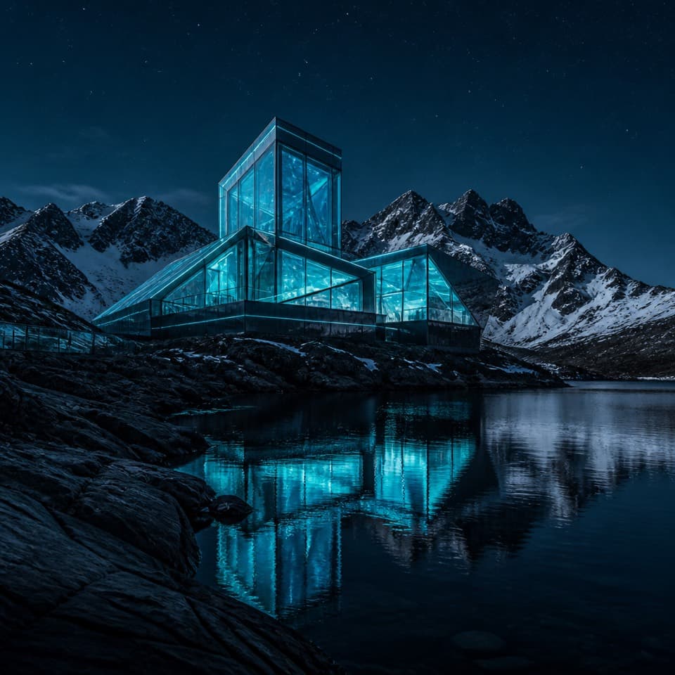 Lakeside view of a cyan glass observatory at night
