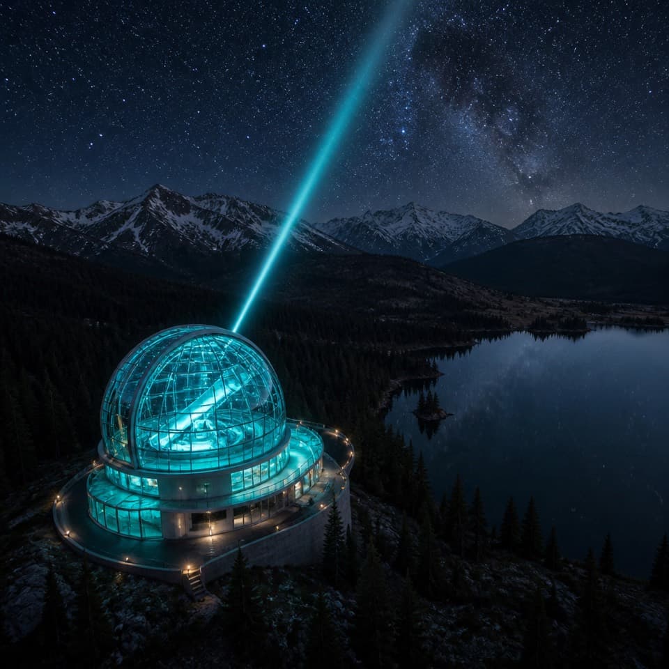 Aerial night view of a cyan glass observatory